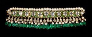 Choker Necklace, 18th–19th century al-Sabah Collection, Kuwait Gold worked with kundan technique and set with diamonds; with champeleve enamels; strung with pearls and with pendant emerald beads and pearls 3 1/8 × 11in
